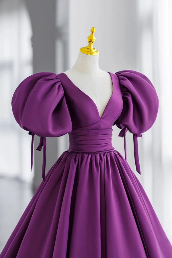 Purple V-Neck Satin Long Formal Evening Dress A-Line Puff Sleeve Party Dress