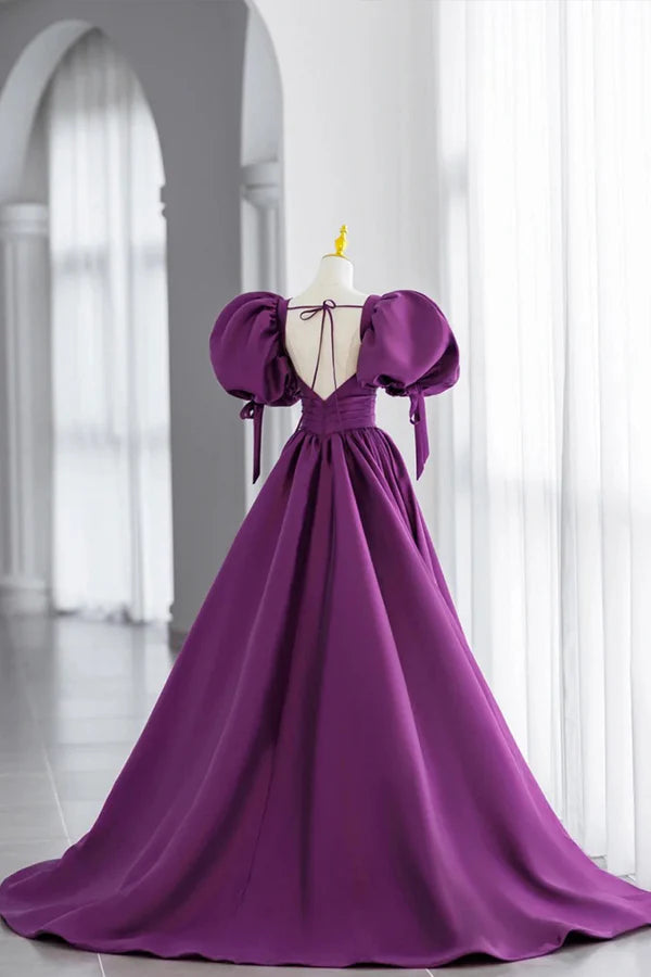 Purple V-Neck Satin Long Formal Evening Dress A-Line Puff Sleeve Party Dress