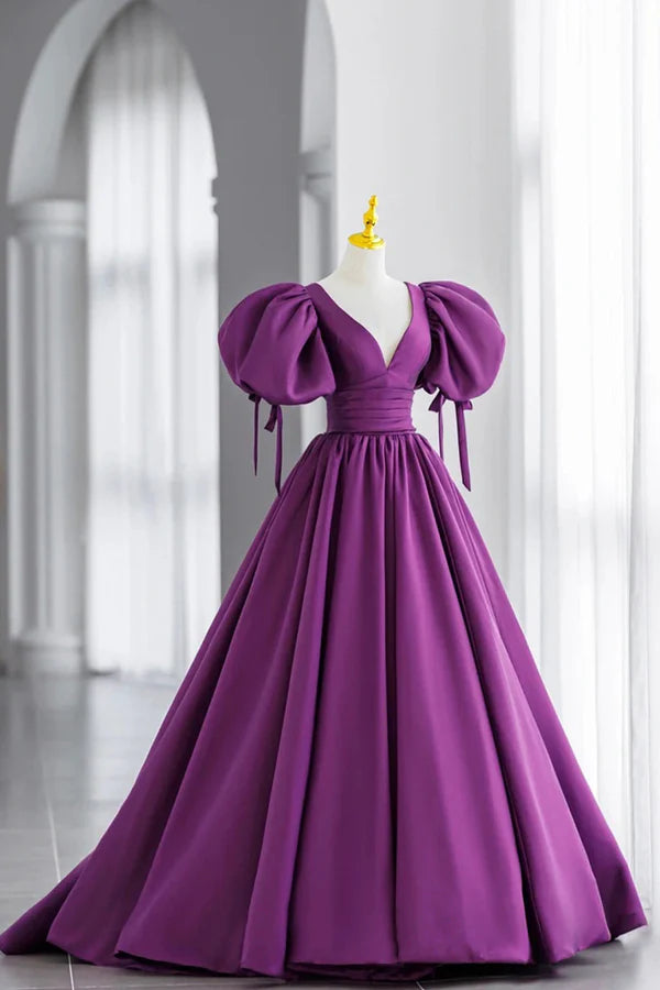 Purple V-Neck Satin Long Formal Evening Dress A-Line Puff Sleeve Party Dress