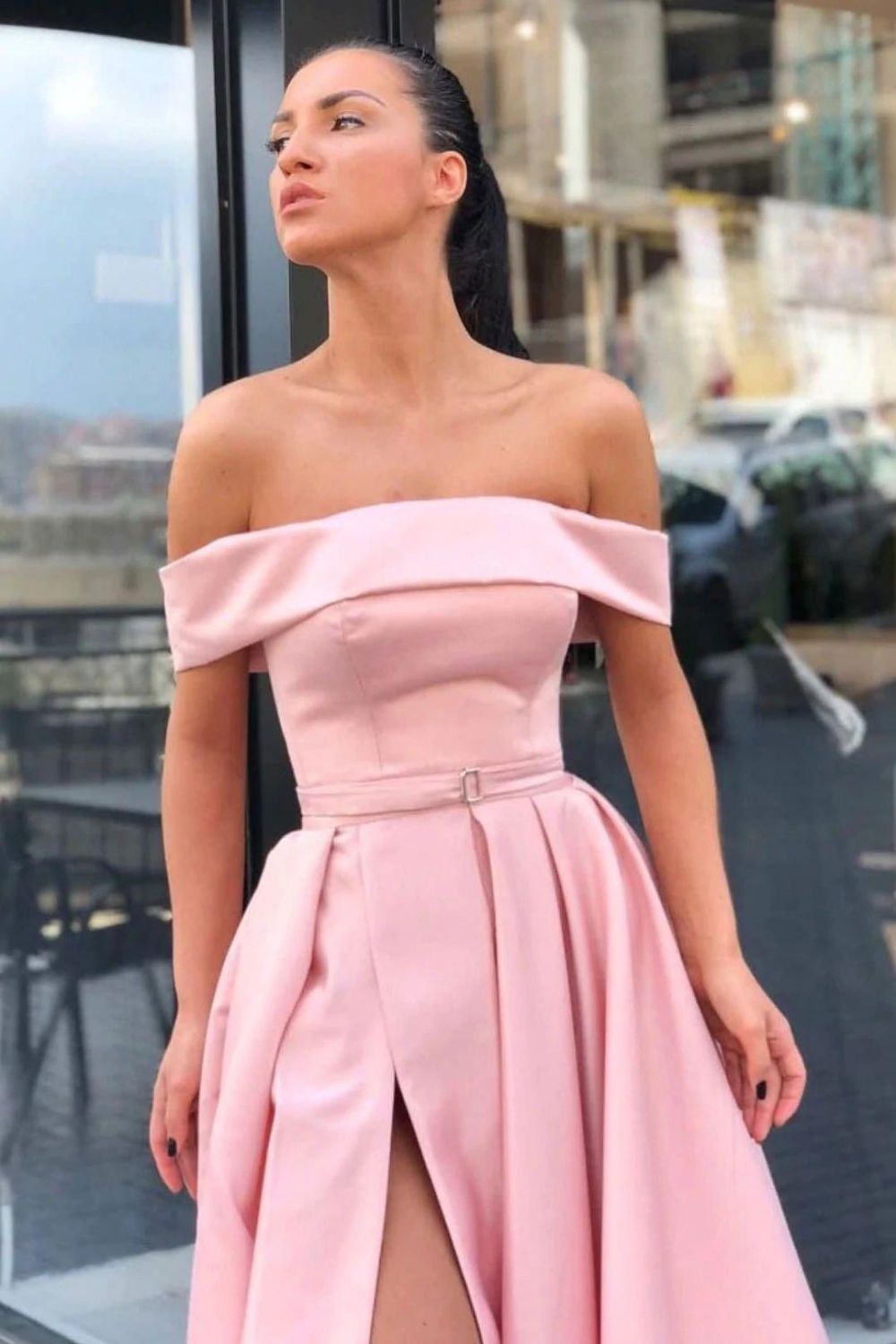 Charming A Line Off the Shoulder Pink Long Prom Dress with Slit
