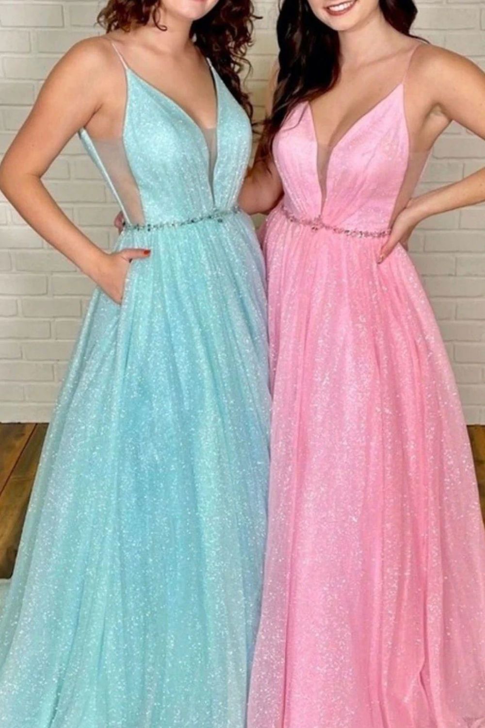 Beautiful A Line Deep V Neck Pink Long Prom Dress with Beading