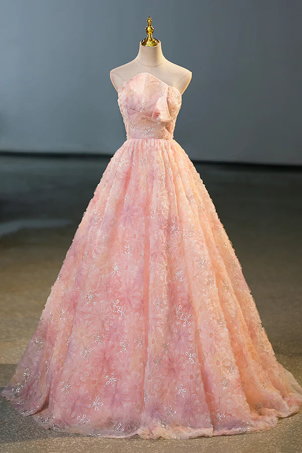 Pink Flower Long Princess Dress Pink Strapless Formal Evening Dress