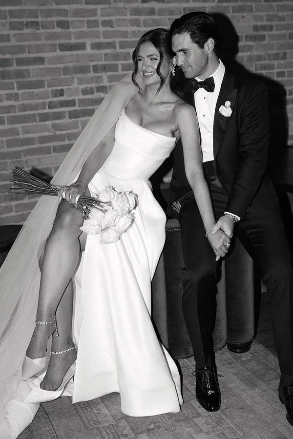 Buyishang A-Line Strapless White Satin Wedding Dresses with Slit