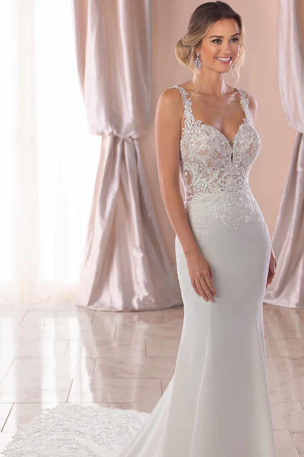 Buyishang Lace Straps Sweep Train Mermaid White Wedding Dress