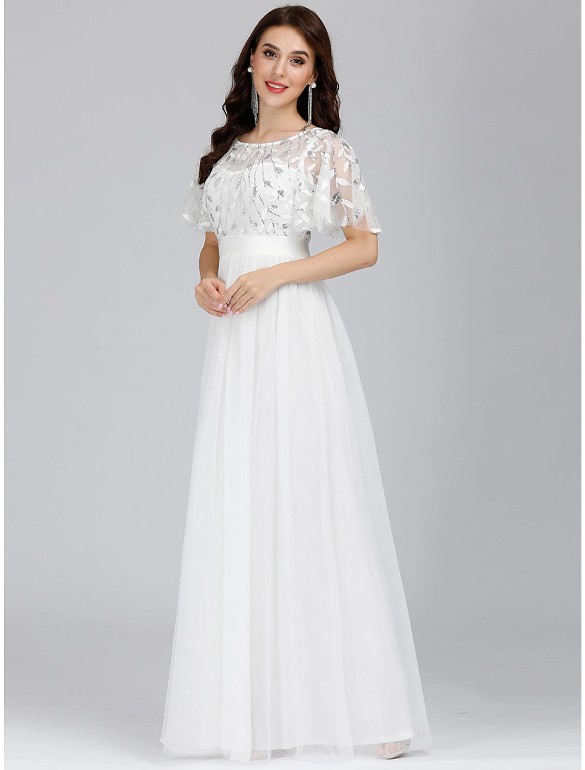 Short Sleeve Pure Color Mesh Print Spring Summer Prom Dress Party  ﻿