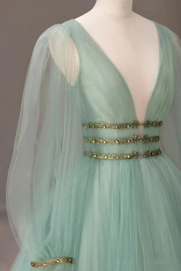 Green Tulle Long Prom Dress with Sequins Green Long Sleeve Evening Party Dress
