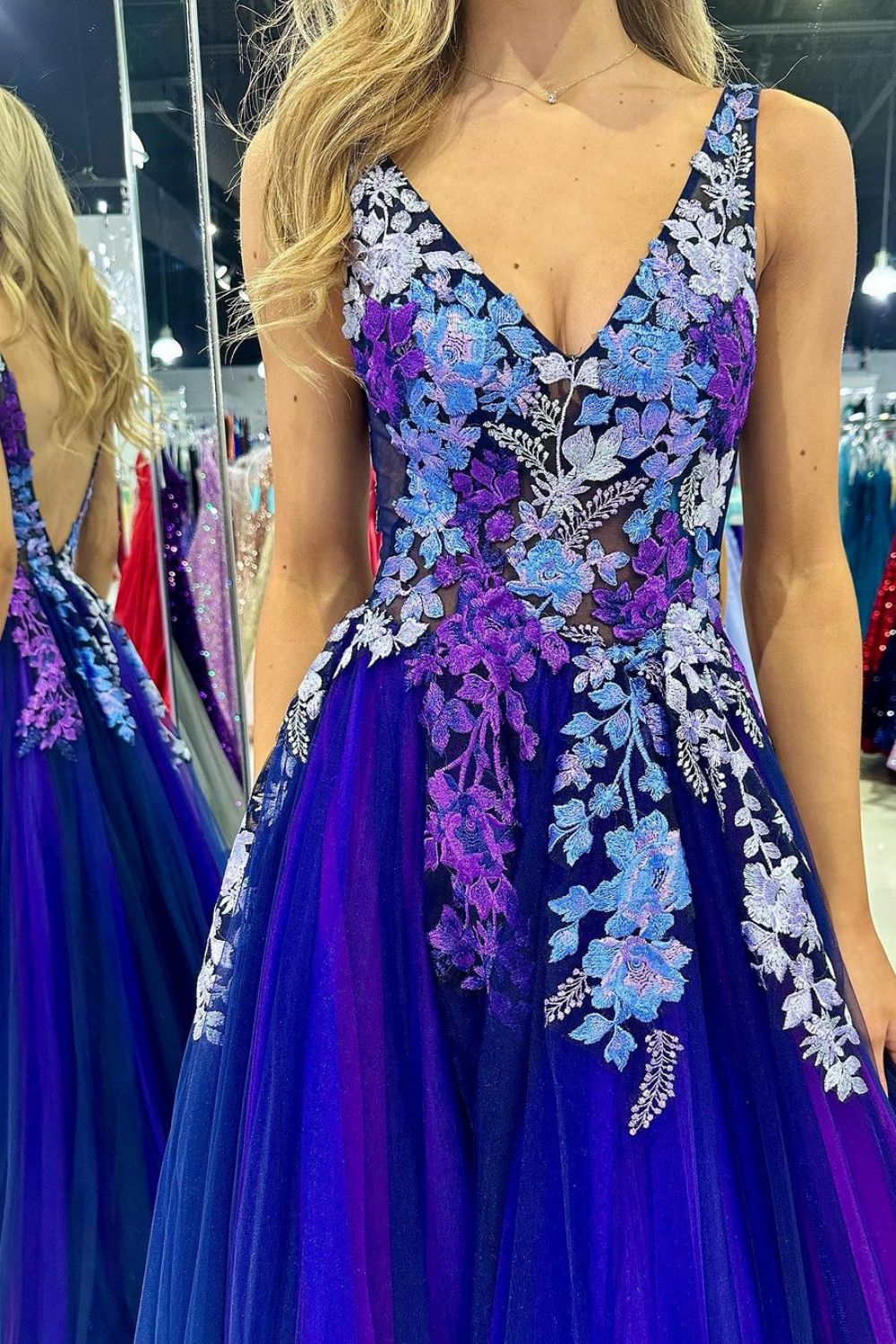 Gorgeous A Line V Neck Purple Tulle Long Prom Dress with Appliques