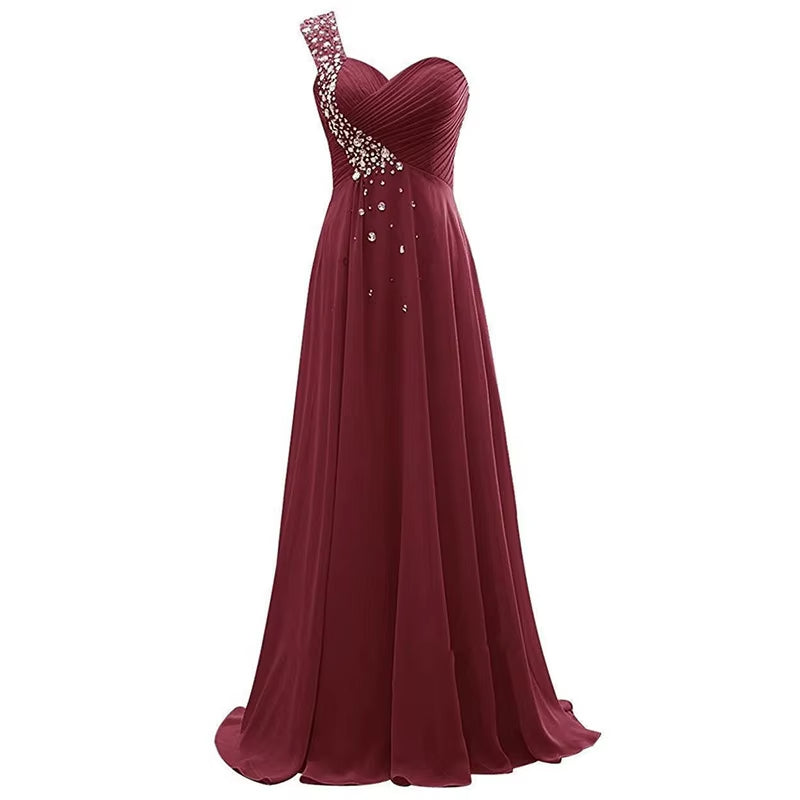 Buyishang A Line Chiffon Beading Pleat One Shoulder Floor Length Elegant Bridesmaid Dresses Wedding Party Formal Prom Evening Corset Back