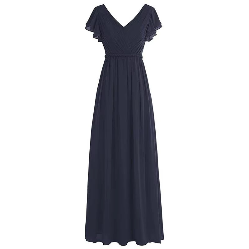 Buyishang A Line Chiffon Elegant V Neck Pleat Sashes Short Sleeve Bridesmaid Dresses Wedding Party Formal Prom Evening Lace Up Back ﻿