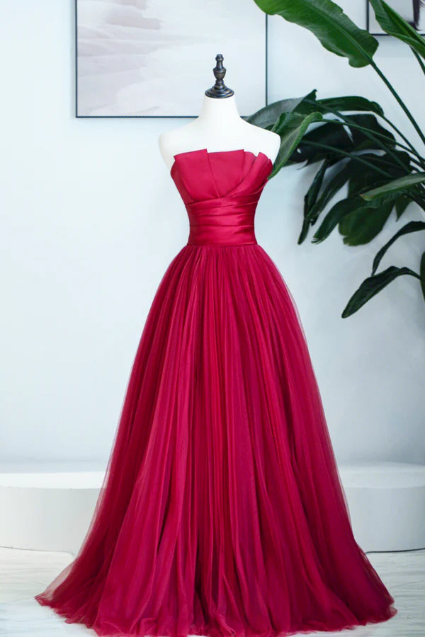 Burgundy Satin Tulle Long Prom Dress A-Line Strapless Evening Dress