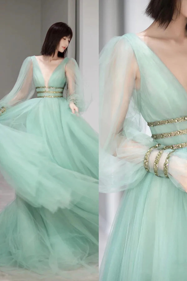 Green Tulle Long Prom Dress with Sequins Green Long Sleeve Evening Party Dress