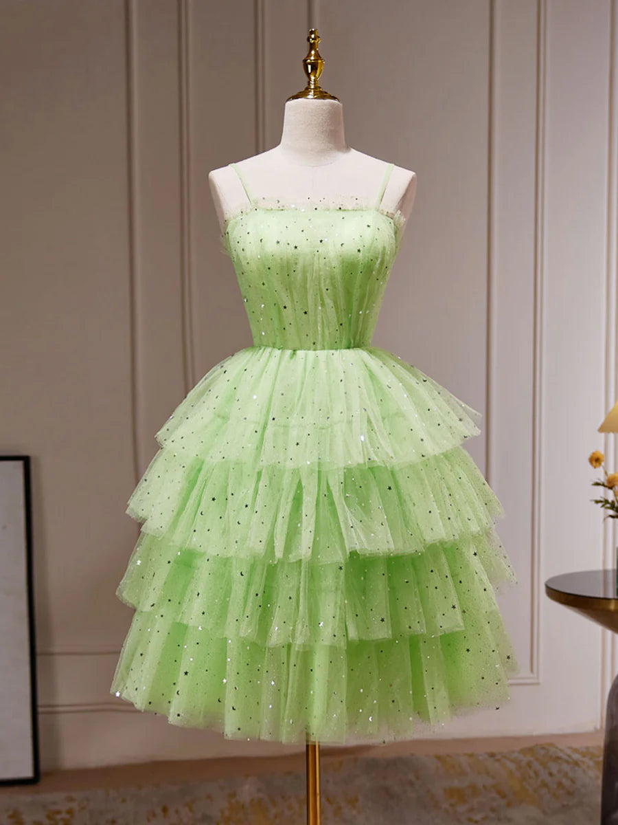 Buyishang Green A-Line Tulle Short Prom Dress Green Homecoming Dress