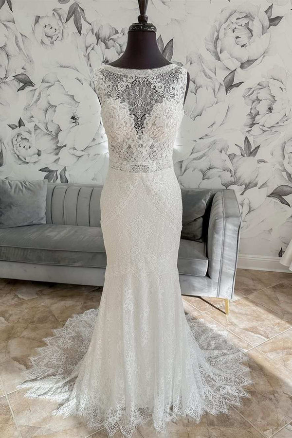 Buyishang White Lace Open Back Mermaid Long Wedding Dress