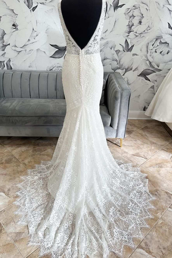 Buyishang White Lace Open Back Mermaid Long Wedding Dress