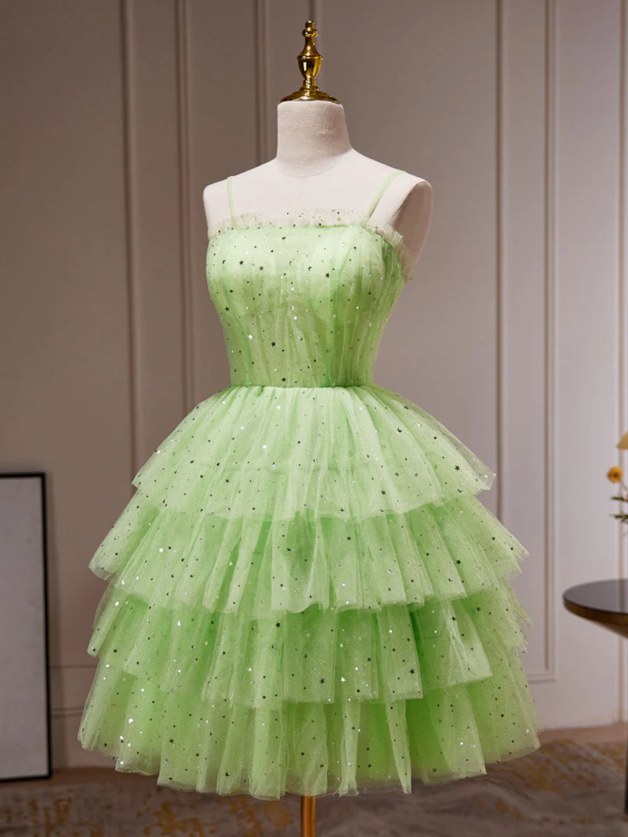 Buyishang Green A-Line Tulle Short Prom Dress Green Homecoming Dress