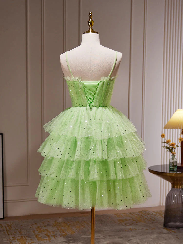 Buyishang Green A-Line Tulle Short Prom Dress Green Homecoming Dress