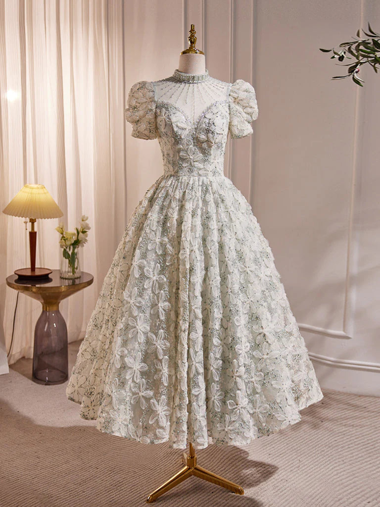 Buyishang Unique Hight Neck Tulle Lace Tea Length Prom Dress Light Green Formal Dress