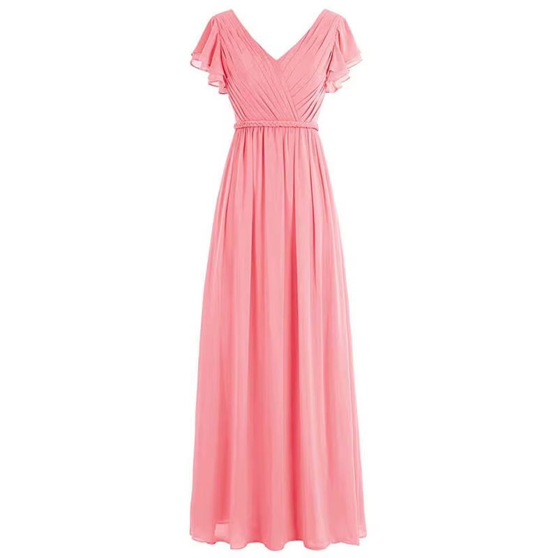 Buyishang A Line Chiffon Elegant V Neck Pleat Sashes Short Sleeve Bridesmaid Dresses Wedding Party Formal Prom Evening Lace Up Back ﻿