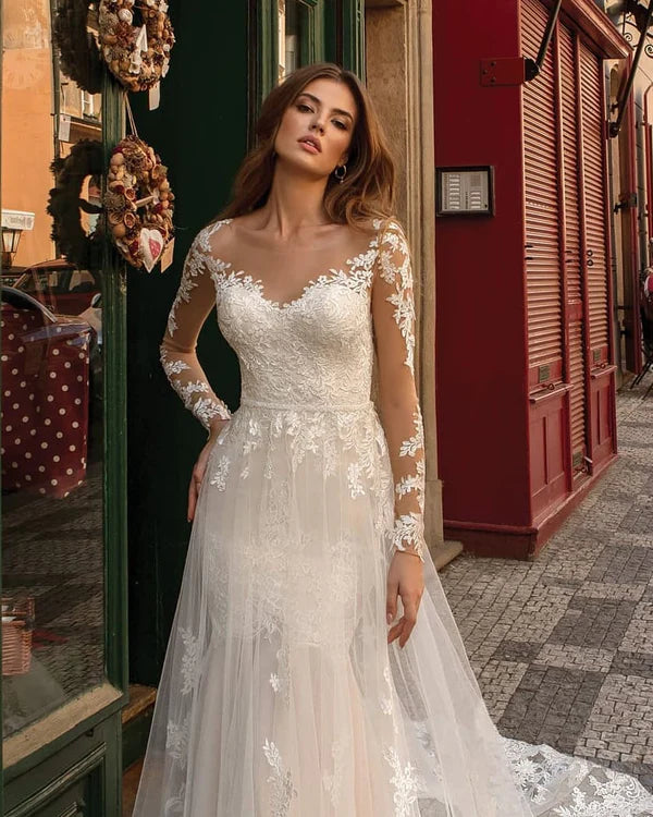 Buyishang Modern Long Sleeves Mermaid Lace Ivory Wedding Dresses