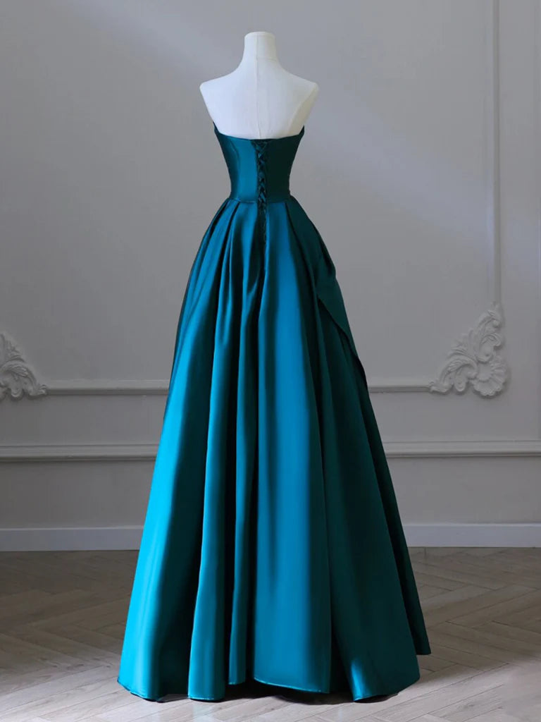 Buyishang A-Line Strapless Satin Peacock Blue Long Prom Dress Simple Peacock Blue Evening Dress