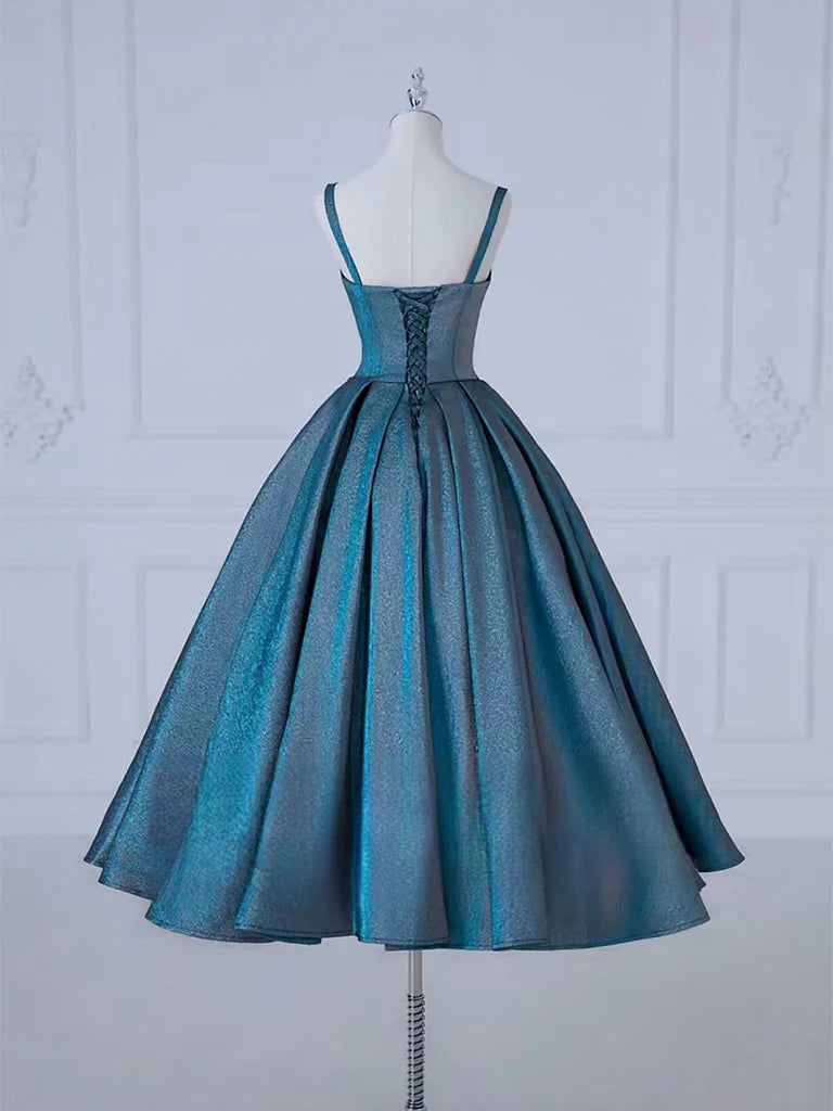 Buyishang A-Line Sweetheart Neck Satin Tea Length Blue Prom Dress Blue Formal Dress