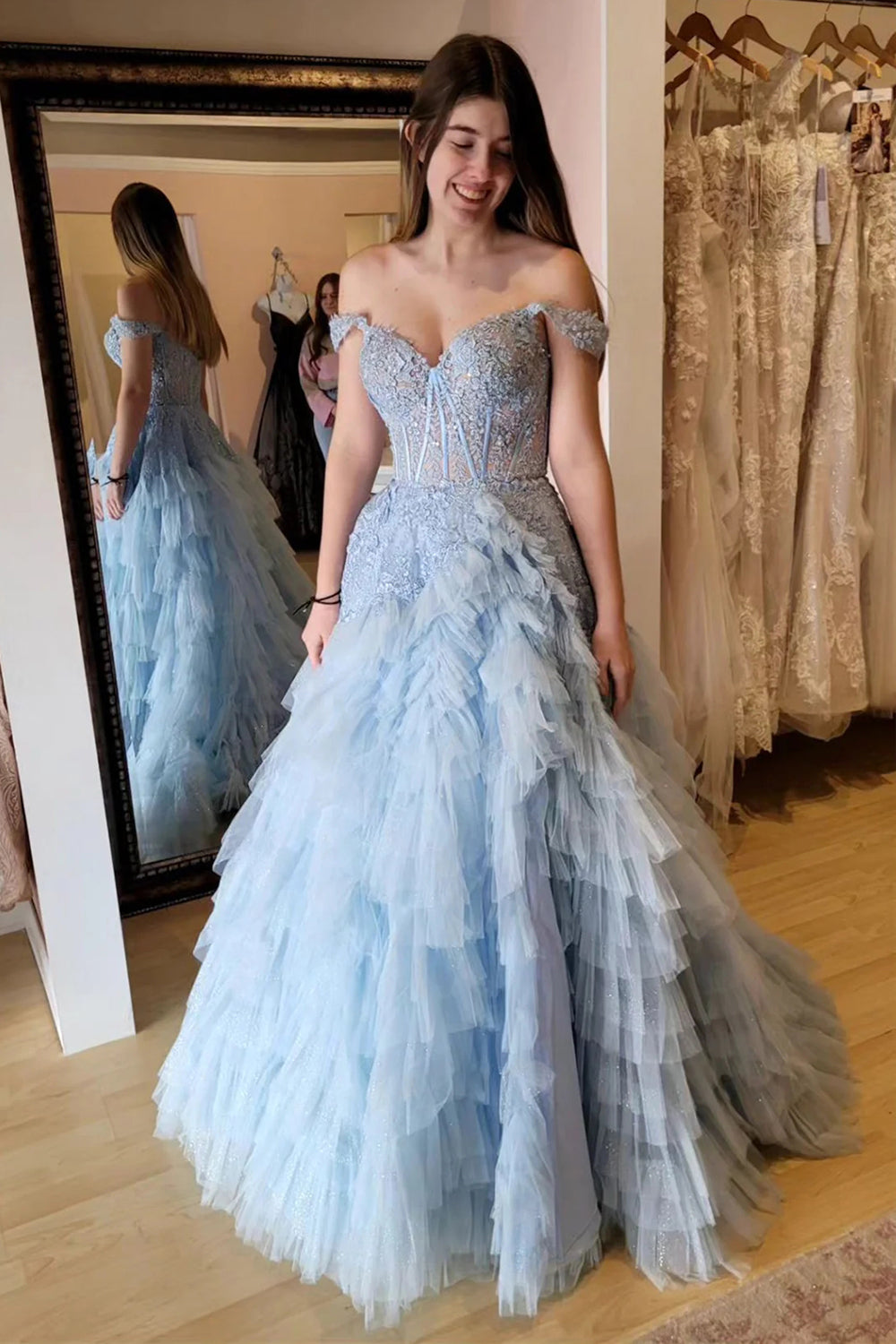 Princess A Line Off the Shoulder Light Blue Corset Prom Dress with Appliques