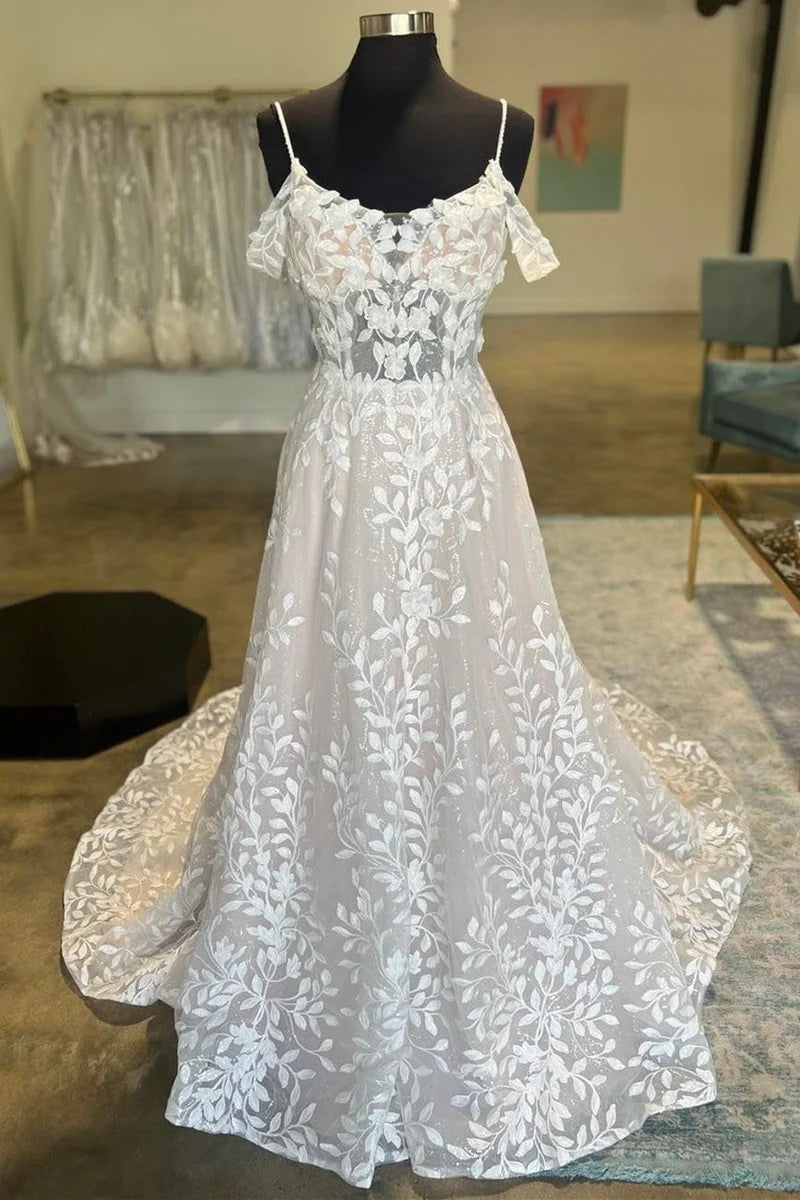 Buyishang Ivory Cold-Shoulder Appliques A-Line Wedding Dress