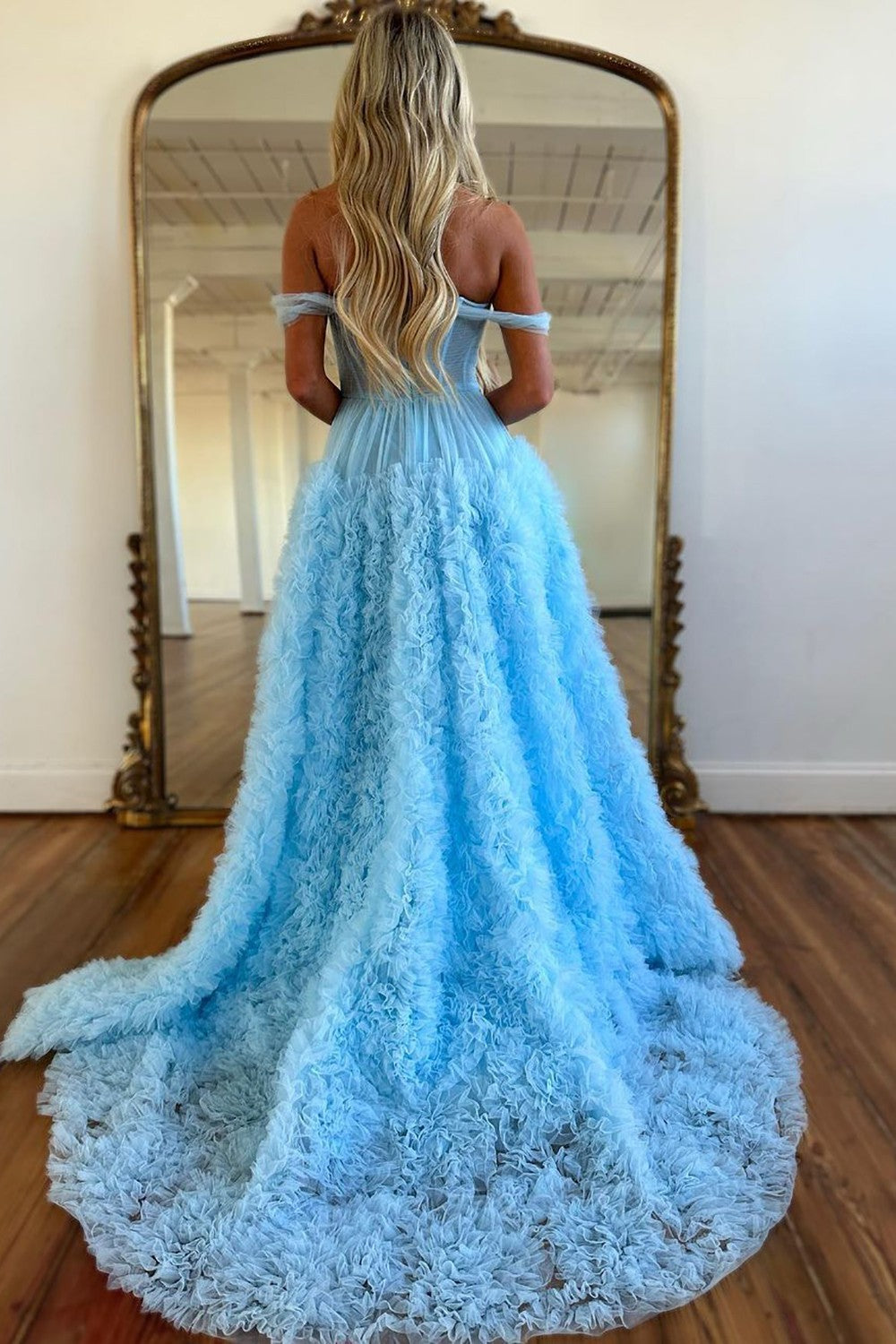 Stunning Princess A-Line Off The Shoulder Long Ruffle Tulle Prom Dress With Split