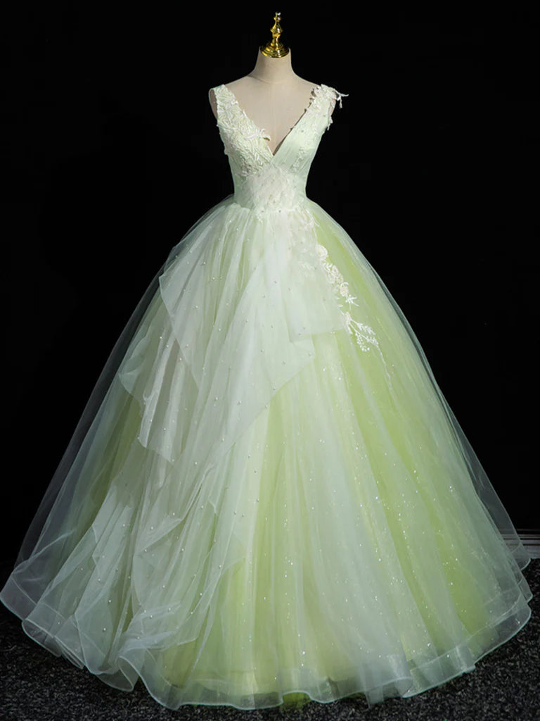 Buyishang A-Line V Neck Lace Tulle Green Long Prom Dress Green Sweet 16 Dress