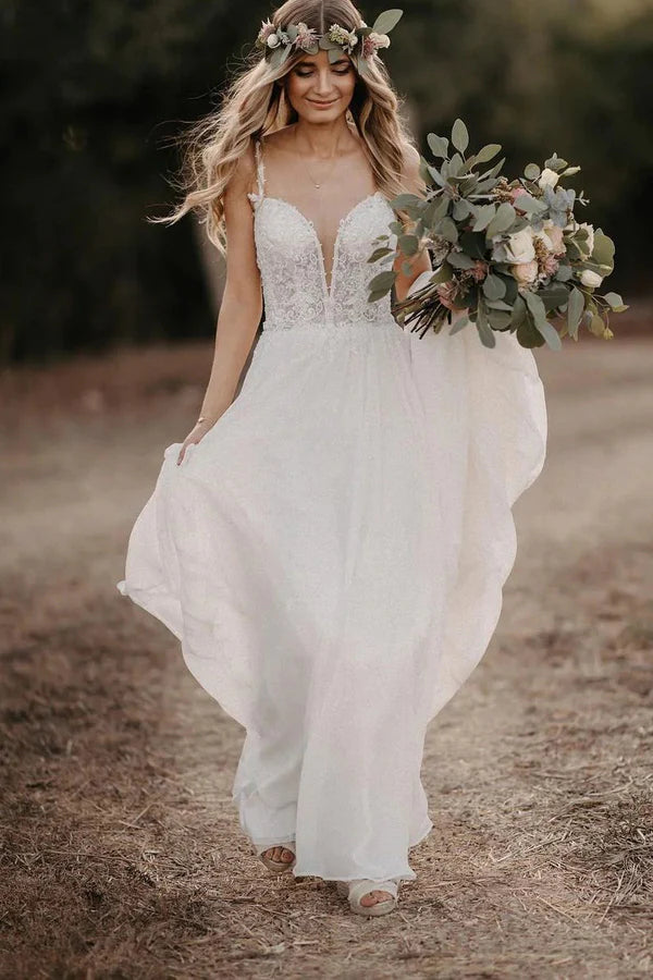 Buyishang Fairy A-Line V-Neck Chiffon Long Wedding Dresses with Appliques