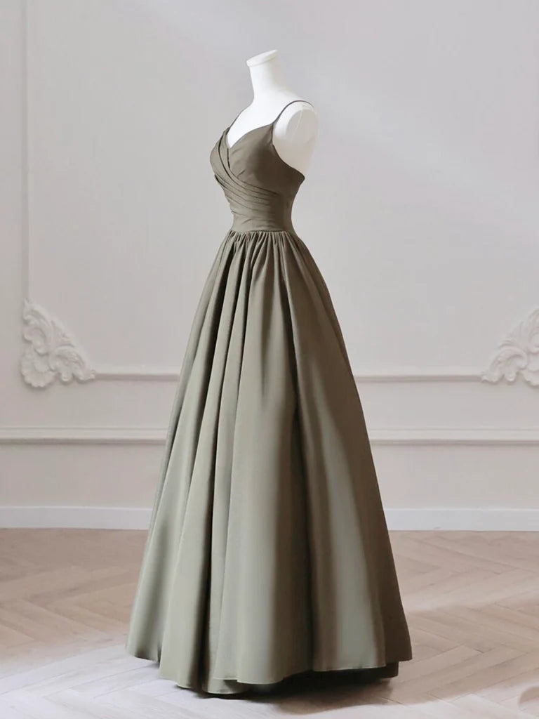 Buyishang A-Line V Neck Satin Olive Green Long Prom Dress Olive Green Long Formal Dress