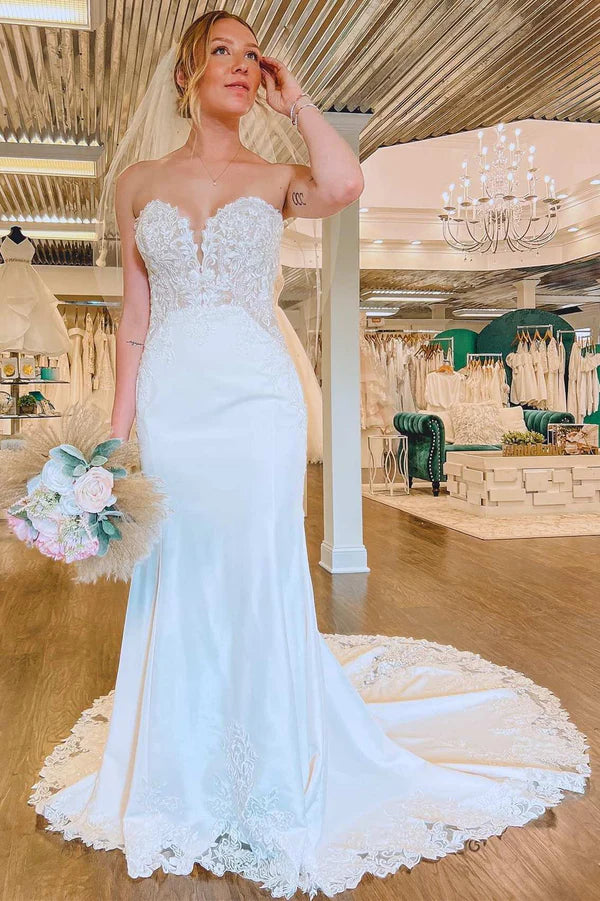 Buyishang White Lace Strapless Mermaid Long Wedding Dress