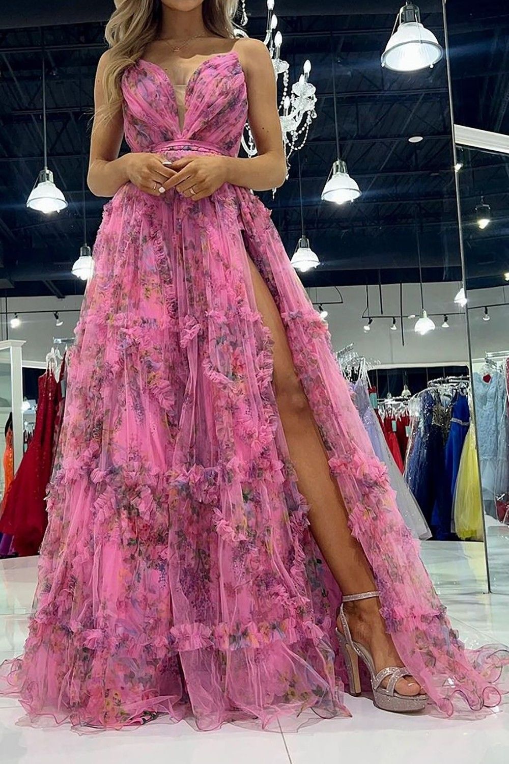 Charming A Line Sweetheart Pink Floral Printed Long Prom Dress