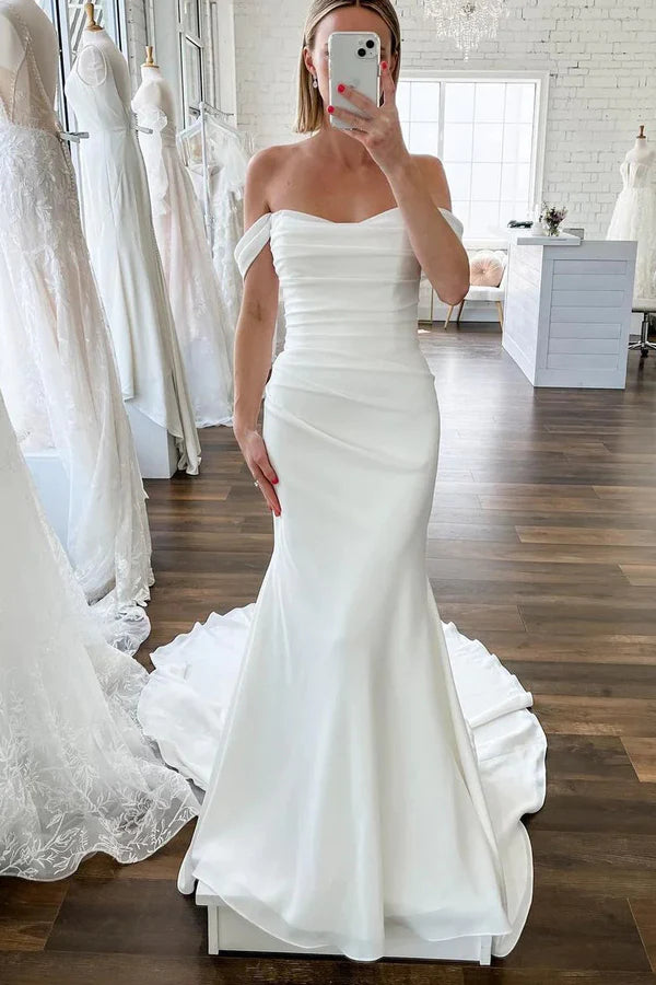 Buyishang Elegant Mermaid Off the Shoulder  Satin Long Wedding Dresses