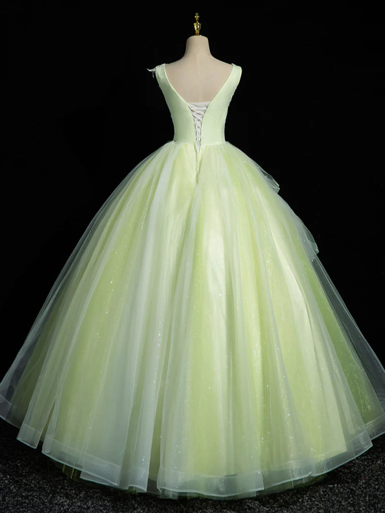 Buyishang A-Line V Neck Lace Tulle Green Long Prom Dress Green Sweet 16 Dress
