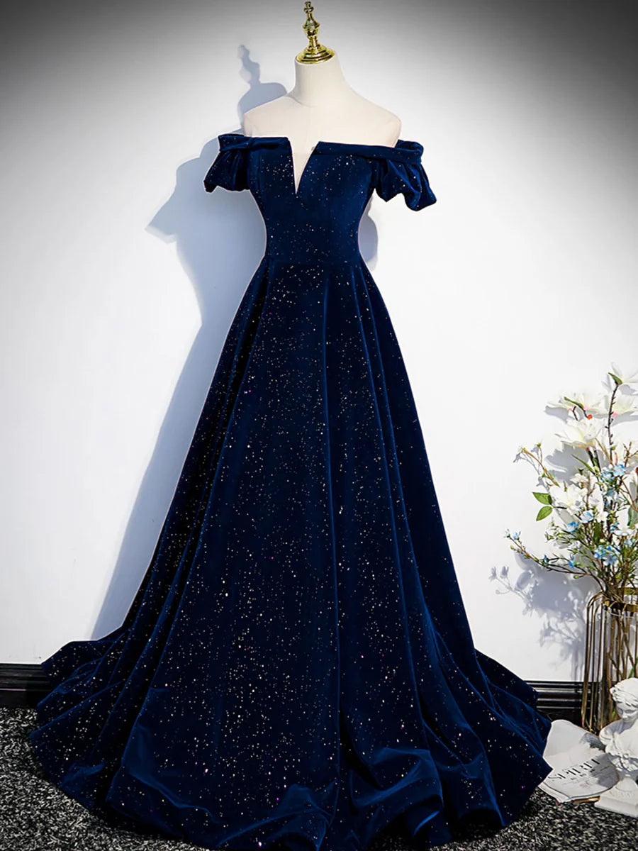 Buyishang A-Line Off Shoulder Velvet Dark Blue Long Prom Dress Dark Blue Long Formal Dress