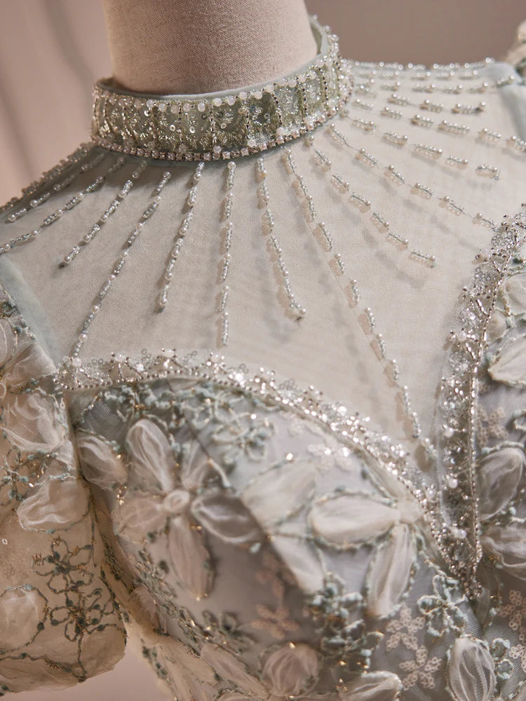 Buyishang Unique Hight Neck Tulle Lace Tea Length Prom Dress Light Green Formal Dress