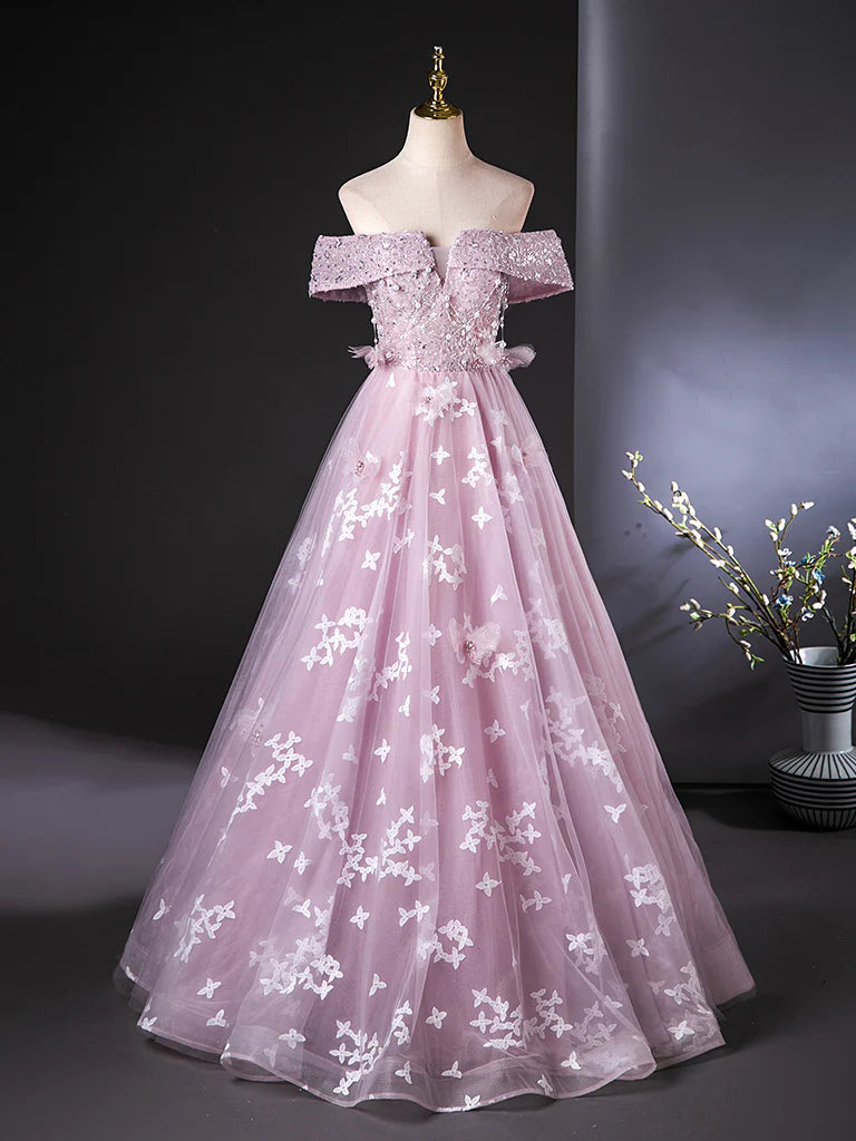 Buyishang A-Line Off Shoulder Tulle Lace Pink Long Prom Dress Pink Long Formal Dress