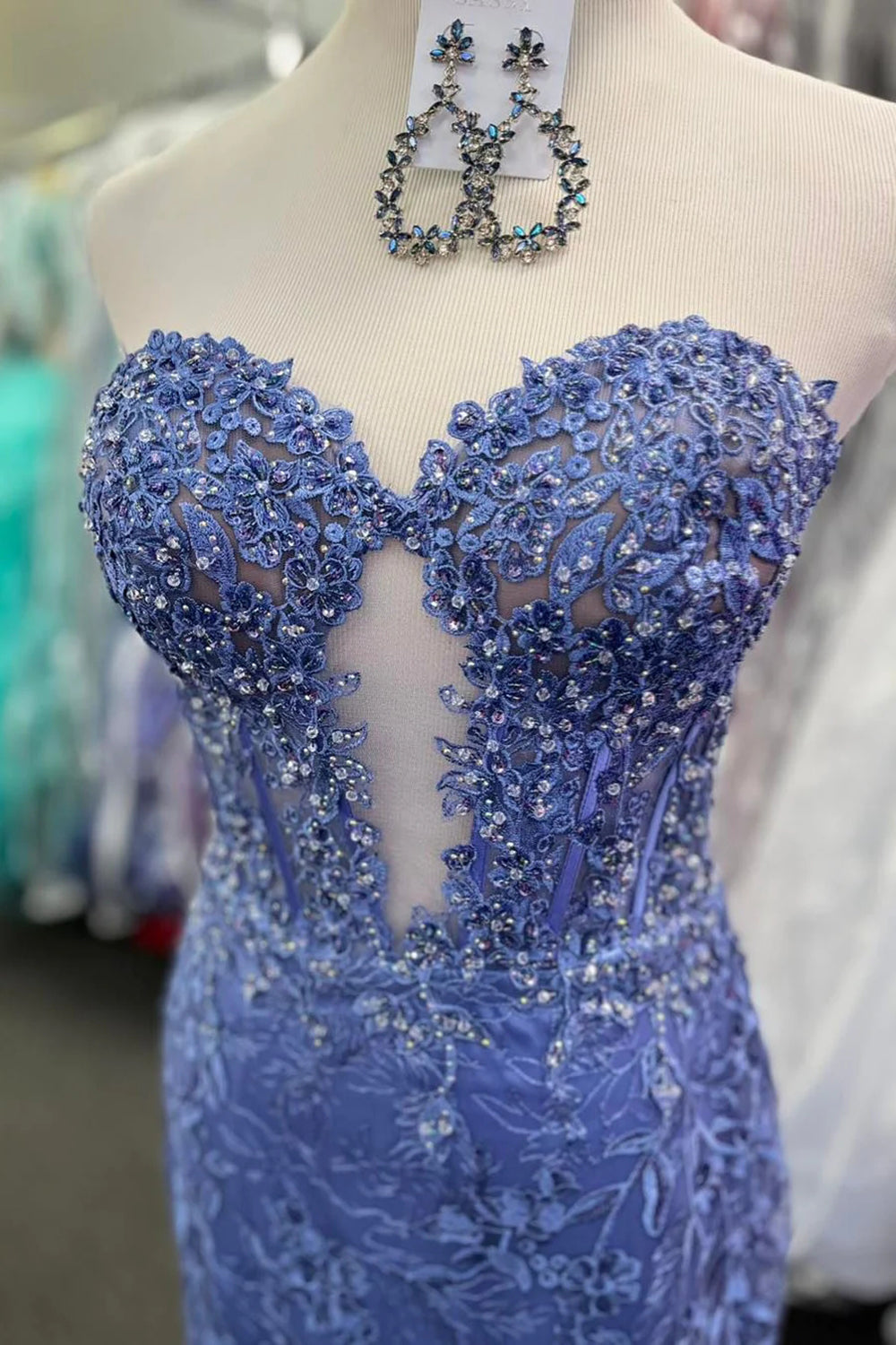 Glitter Blue Mermaid Sweetheart Long Prom Dress with Appliques