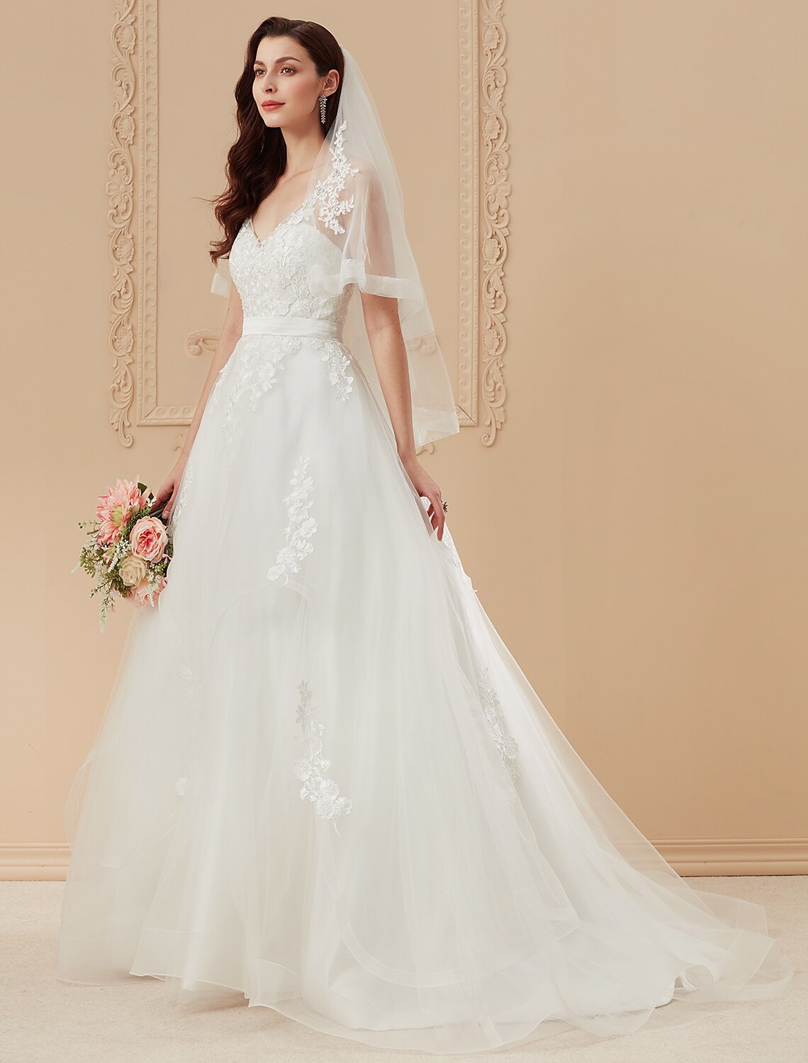 Ball Gown Wedding Dresses V Neck Sweep / Brush Train Satin Tulle Over Lace Spaghetti Strap