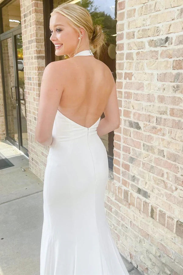 Buyishang White Halter Mermaid Long Wedding Dress with Slit