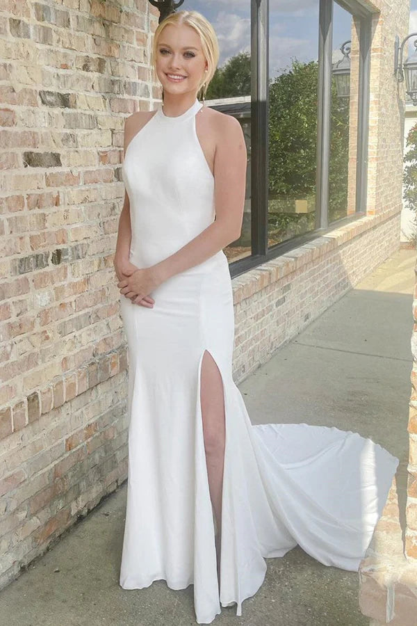 Buyishang White Halter Mermaid Long Wedding Dress with Slit