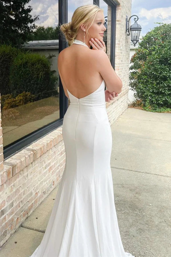 Buyishang White Halter Mermaid Long Wedding Dress with Slit