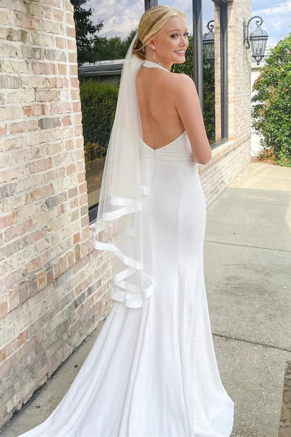 Buyishang White Halter Mermaid Long Wedding Dress with Slit