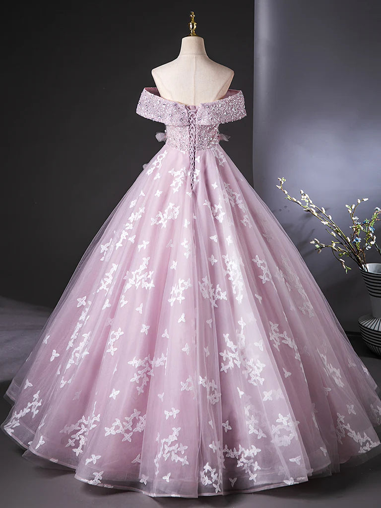 Buyishang A-Line Off Shoulder Tulle Lace Pink Long Prom Dress Pink Long Formal Dress
