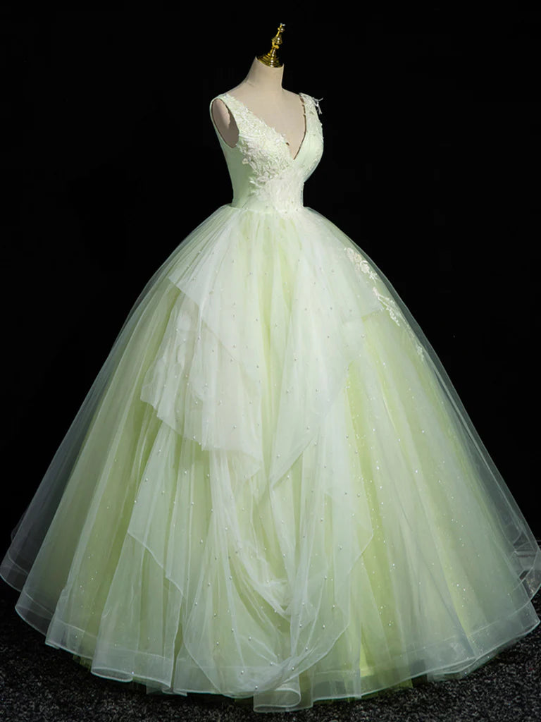 Buyishang A-Line V Neck Lace Tulle Green Long Prom Dress Green Sweet 16 Dress