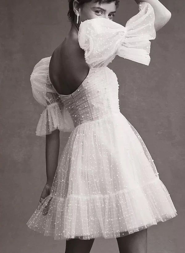 Buyishang Pearl Short Reception Wedding Dresses With Bubble Sleeves