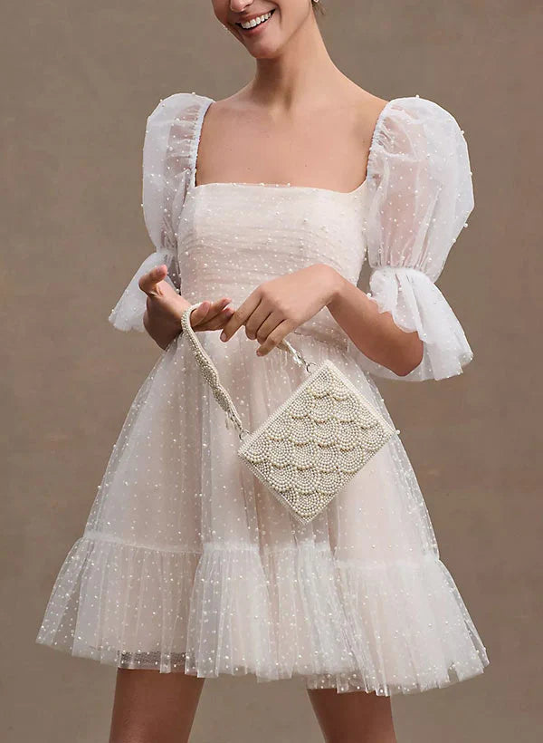 Buyishang Pearl Short Reception Wedding Dresses With Bubble Sleeves