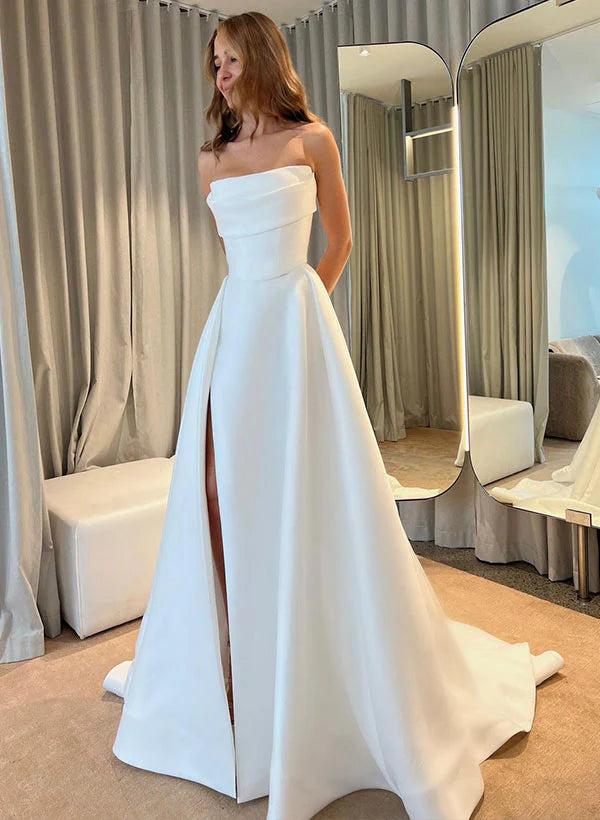 Buyishang Ball-Gown Strapless Sleeveless Sweep Train Satin Wedding Dresses With Split Front