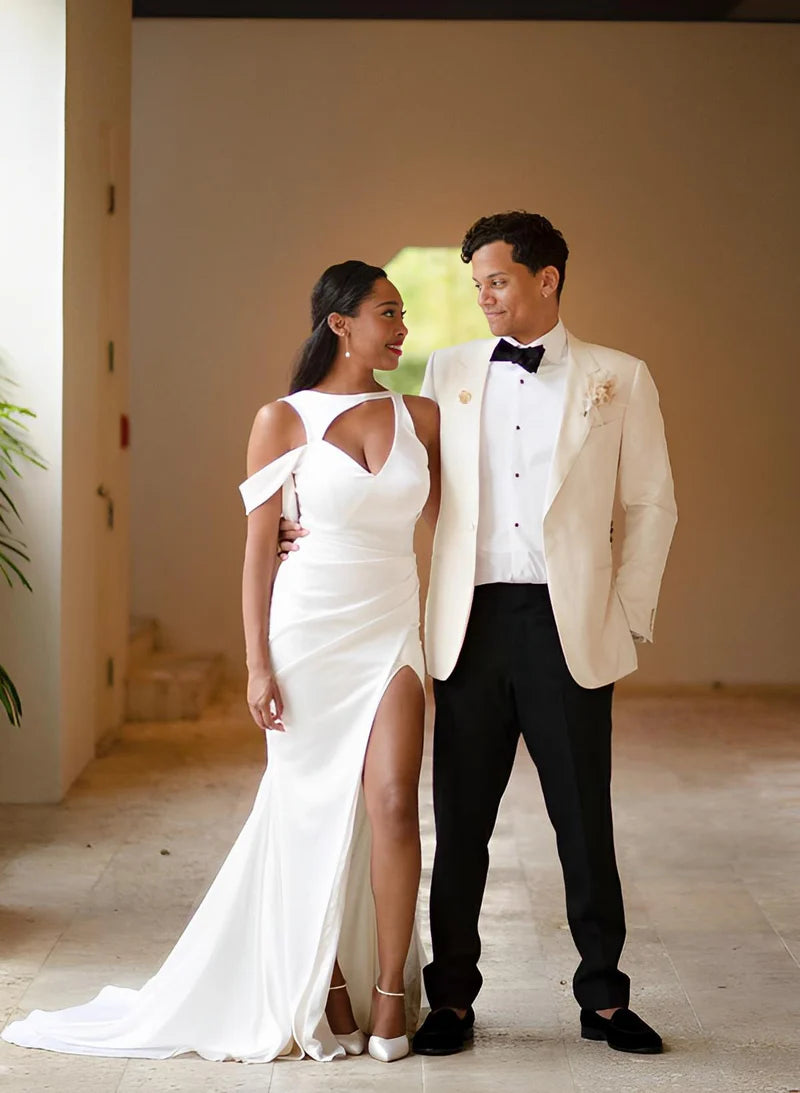 Buyishang Mermaid Sweep Train  Satin Wedding Dresses With Split Front